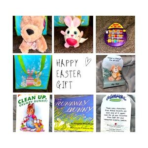 7-piece Easter gift-bag, books, TIC TACK TOE GAME, stuff animals, ceramic bunny
